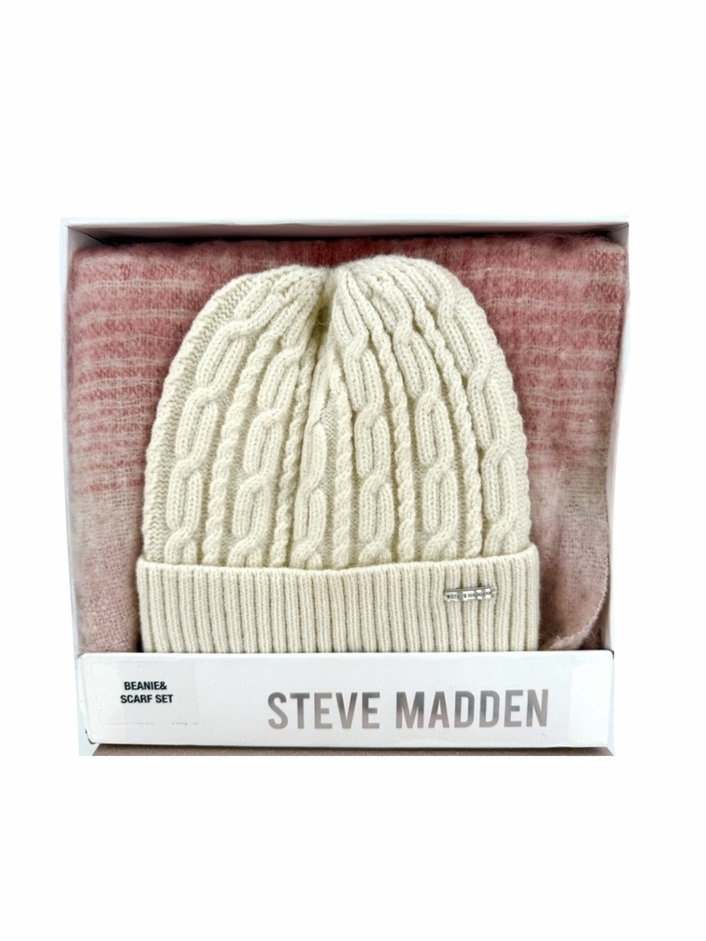 Steve Madden Pink Ivory Beanie Pink Plaid Brushed Scarf Gift Set NWT
